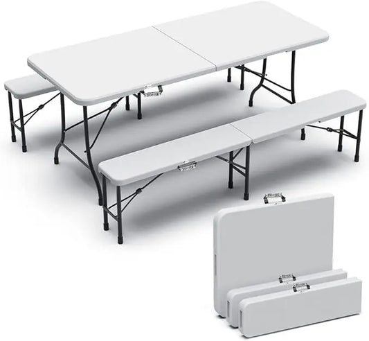 Set composto da tavolo pieghevole e 2 panche bianche 180x75x72 cm