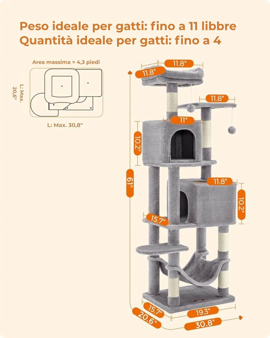Albero per gatti Feandrea 154 cm - Torre di arrampicata in peluche con 5 tiragraffi, 2 piattaforme