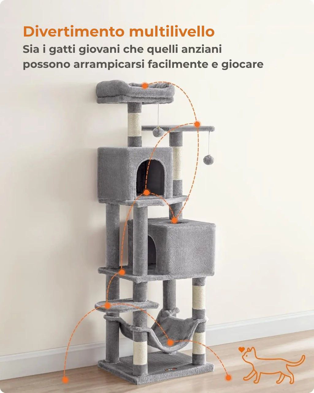 Albero per gatti Feandrea 154 cm - Torre di arrampicata in peluche con 5 tiragraffi, 2 piattaforme