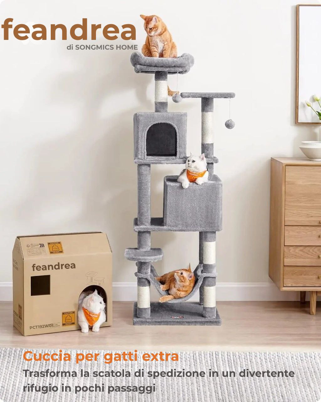 Albero per gatti Feandrea 154 cm - Torre di arrampicata in peluche con 5 tiragraffi, 2 piattaforme