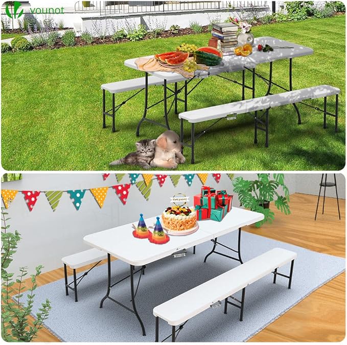 Set composto da tavolo pieghevole e 2 panche bianche 180x75x72 cm