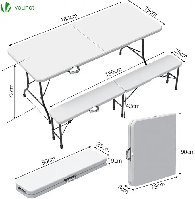 Set composto da tavolo pieghevole e 2 panche bianche 180x75x72 cm