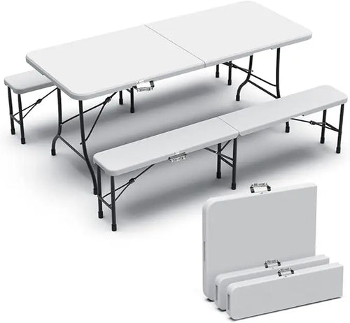 Set composto da tavolo pieghevole e 2 panche bianche 180x75x72 cm