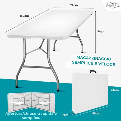 Tavolo rettangolare pieghevole bianco 180x74x74 cm